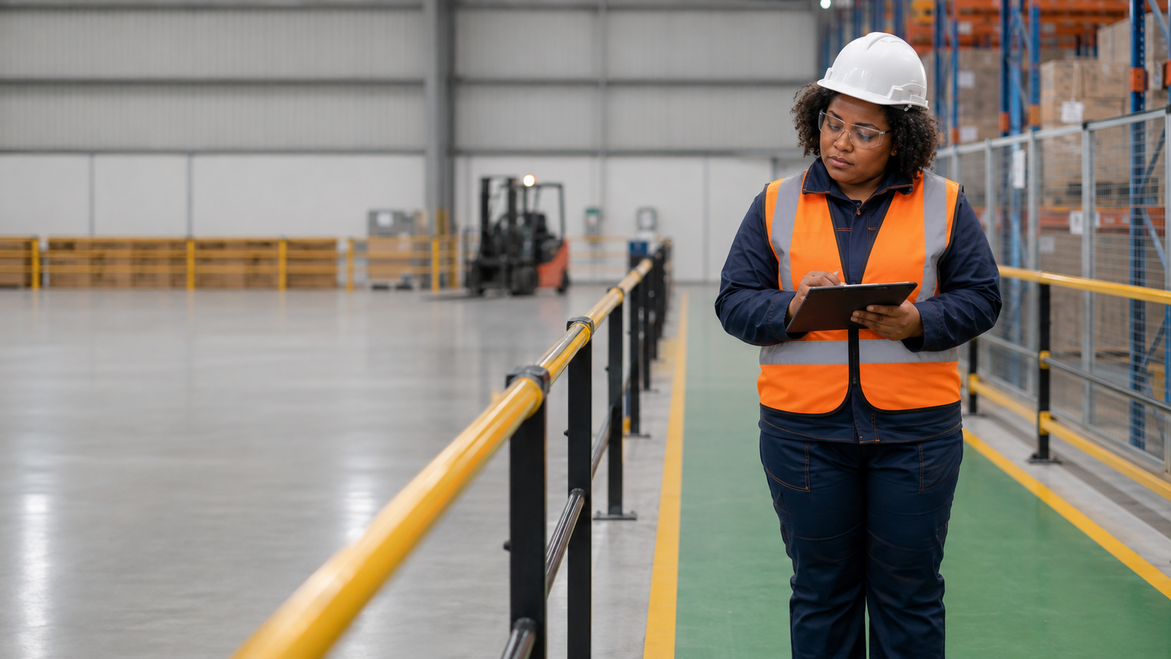 Consultante QHSE réalisant un audit dans un entrepôt industriel